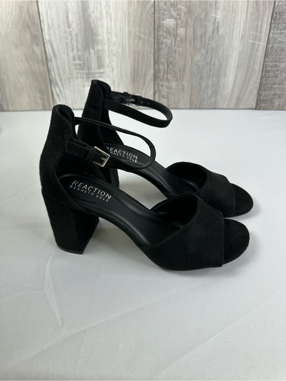 Kenneth Cole Reaction Black Suede Ankle Strap Block Heels